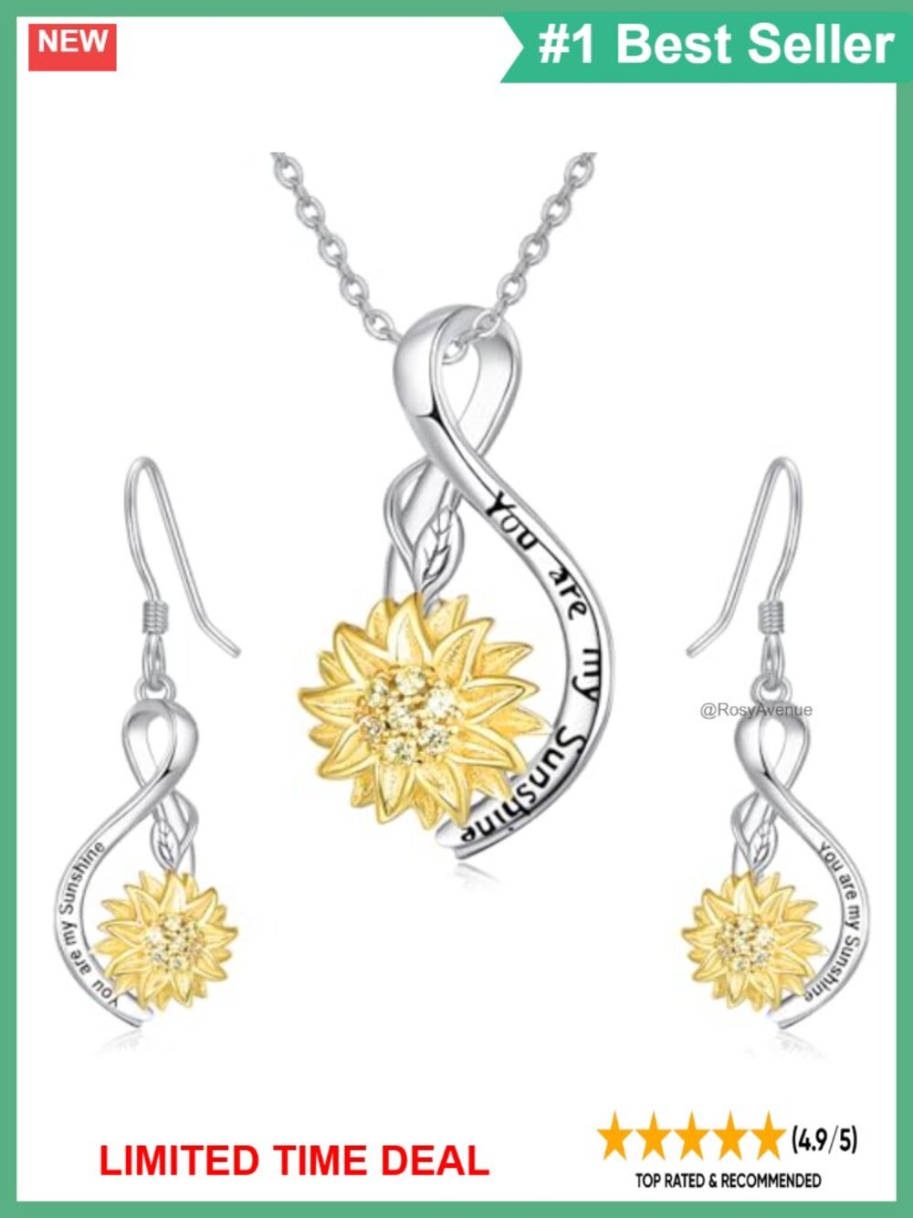 925 Sterling Silver Sunflower Necklace Earrings Set 18k Gold Plated